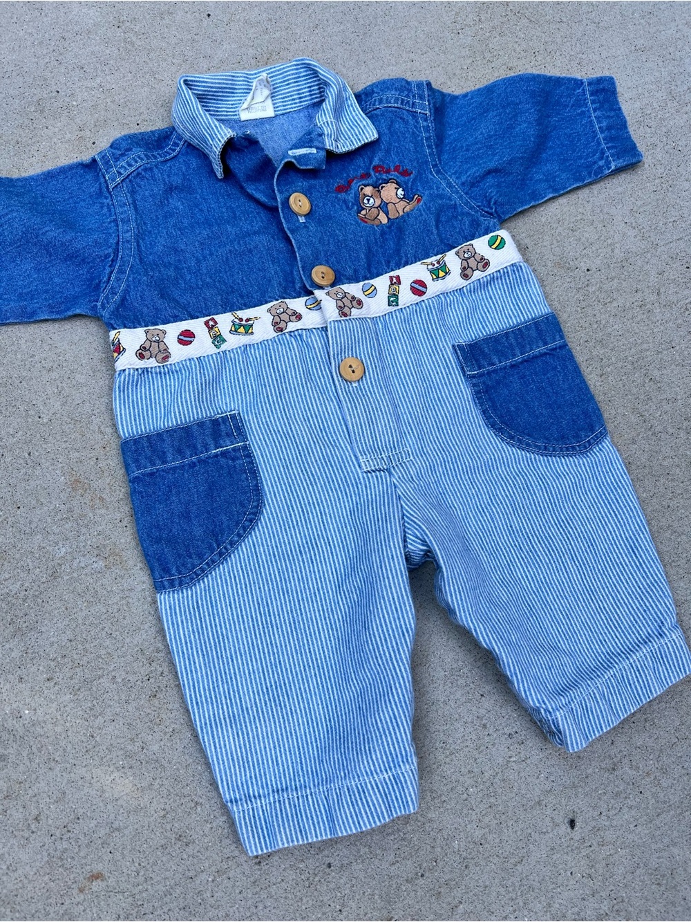 Vintage Denim & White Stripe Romper - size 3-6M